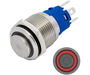 Lumonic pulsador de acero inoxidable elevado 16mm de diámetro I Con un LED anular en rojo Dimensiones: 2,8x0,5mm Pin es 250V 3A I Antivandálico según norma IP65