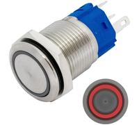 Lumonic pulsador de acero inoxidable plano de 16mm de diámetro I Con un LED anular en rojo Dimensiones: 2,8x0,5mm Pin es 250V 3A I Antivandálico según