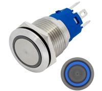 Lumonic pulsador de acero inoxidable plano de 19mm de diámetro I Con un LED anular en azul Dimensiones: 2,8x0,5mm clavijas 250V 3A I Antivandálico según norma IP65