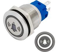 Lumonic pulsador de acero inoxidable plano de 19mm de diámetro I Con un LED de campana en blanco frío Dimensiones: 2,8x0,5mm Pin es 250V 3A I Antivandálico según norma IP65