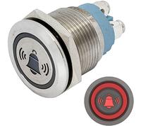 Lumonic pulsador de acero inoxidable plano de 19mm de diámetro I Con un LED de campana en rojo Dimensiones: Conexión por tornillo 250V 3A I Antivandálico según norma IP65
