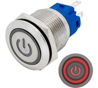 Lumonic pulsador de acero inoxidable plano de 19mm de diámetro I Con un LED de encendido en rojo Dimensiones: 2,8x0,5mm Pin es 250V 3A I Antivandálico según norma IP65