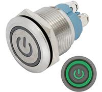 Lumonic pulsador de acero inoxidable plano de 19mm de diámetro I Con un LED de encendido en verde Dimensiones: Conexión por tornillo 250V 3A I Antivan