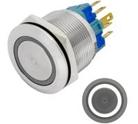 Lumonic pulsador de acero inoxidable plano de 25mm de diámetro I Con un LED anular en blanco frío Dimensiones: 2,8x0,5mm Pin es 250V 3A I Antivandálico según norma IP65