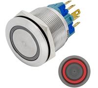 Lumonic pulsador de acero inoxidable plano de 25mm de diámetro I Con un LED anular en rojo Dimensiones: 2,8x0,5mm Pin es 250V 3A I Antivandálico según norma IP65