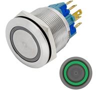 Lumonic pulsador de acero inoxidable plano de 25mm de diámetro I Con un LED anular en verde Dimensiones: 2,8x0,5mm clavijas 250V 3A I Antivandálico según norma IP65