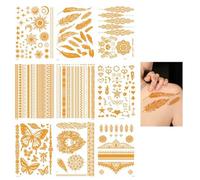 LUMOOM 9 hojas de tatuajes temporales para adultos, Flash Glitter Dorado Festival Tatuaje Metálico, Adhesivo Adhesivo, tatuaje facial, accesorios para fiestas