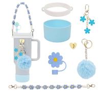 LUMOOM Juego de 7 accesorios Stanley Cup, botas de silicona para vasos, correa de mango de botella de agua, cubierta de pajita de silicona, ideal para tazas de 800 ml - 1100 ml (azul)