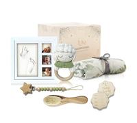 LUMS Canastilla Bebé Recién Nacido | Set Regalo 6 Piezas: Marco Huellas, Manta Bambú, Sonajero, Peine, Tarjeta Madera, Portachupetes y Caja Regalo - Cesta Bebé Unisex para Baby Shower, Nacimiento