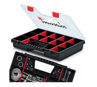 Lun Fix Caja organizadora 390 x 290 x 65 mm, 10 compartimentos; plástico con tapa de polipropileno transparente; incluye separadores; caja clasificadora para piezas pequeñas para taller, hogar, garaje
