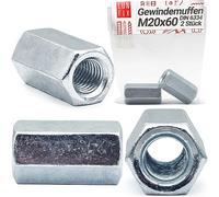 LUN FIX Manguito roscado M20 x 60 mm DIN 6334 hexagonal tuerca larga galvanizada, tuerca de conexión roscada para varilla roscada, manguito distanciador, manguito roscado, tuerca de extensión, rosca