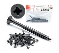 LUN FIX Tornillos para madera negros 4,5 x 30 mm, 20 unidades, cabeza avellanada PZ2 con rosca parcial, acero endurecido galvanizado, ideal para madera, muebles, tableros de partículas y placas de