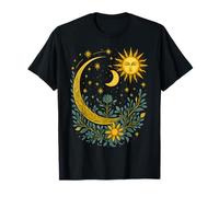 Luna creciente celestial y sol místico Noche de jardín floral Camiseta