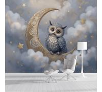 Luna creciente de búho Murales de Pared, Animales de dibujos animados Papel Pintado Azul grisáceo de Tela, Gran Mural Fotográfico para guarderías, escuelas, escuela, estilo