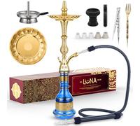 Luna Juego completo de cachimba tradicional Hookah, metal zinc, accesorios incluye cabeza de piedra, manguera de piel con boquilla, accesorio para chimenea, pinzas, tenedor, Azul