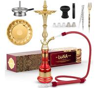 Luna Juego completo de cachimba tradicional Hookah, metal zinc, accesorios incluye cabeza de piedra, manguera de piel con boquilla, accesorio para chimenea, pinzas, tenedor, Rojo