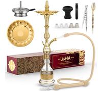 Luna Juego completo de cachimba tradicional Hookah, metal zinc, accesorios incluye cabeza de piedra, manguera de piel con boquilla, accesorio para chimenea, pinzas, tenedor, Transparente