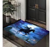 Luna Llena Lápida Felpudos para Interiores, Tapete de Puerta Azul para Halloween, Felpudo Caballero Sombrío Cementerio Antideslizante De Perfil Bajo para Entrada Cocina Mascotas Perros 50 x 80 cm