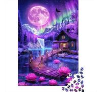 Luna Llena Violeta Aurora Boreal Puzzle de 1000 Piezas Papel para Adultos Cabaña en el Lago Vista Nocturna Puzzle para Toda la Familia Regalo Hogar 52x38cm/1000pcs