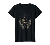 Luna Mística con Manos Esqueléticas Estilo Gótico Vintage Camiseta gráfica económica, Mujer, Negro, XS