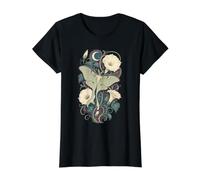 Luna Moth Moonflower Arte botánico Celestial Camiseta gráfica económica, Mujer, Negro, XS
