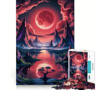 Luna Roja sobre Lago de Montaña - Rompecabezas para Adultos - 1000 Rompecabezas - Fortalece la Memoria - Alivia la Ansiedad - Borde Suave - Sorpresa Cálida (38x26cm)