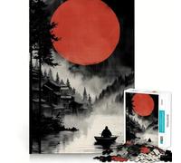 Luna Roja sobre un Pueblo Japonés, Rompecabezas de 1000 Piezas para Adultos, Juguete para Ejercitar la Mente, Imagen Suave y Relajante, Regalo Encantador (38x52cm)
