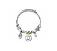 Luna Roy Colección Bijou, Pulsera de Mujer con Charm de Signo del Zodiaco Géminis, Brazalete de Acero Inoxidable y Aleación de Zinc, Diseño Plateado con Detalles Dorados