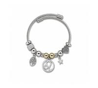 Luna Roy Colección Bijou, Pulsera de Mujer con Charm de Signo del Zodiaco Leo, Brazalete de Acero Inoxidable y Aleación de Zinc, Diseño Plateado con Detalles Dorados