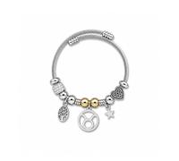 Luna Roy Colección Bijou, Pulsera de Mujer con Charm de Signo del Zodiaco Tauro, Brazalete de Acero Inoxidable y Aleación de Zinc, Diseño Plateado con Detalles Dorados