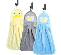 Lunaanda Toallas de Mano para Niños, 3 Piezas Toallas con Diseño de Animales con Anillo para Colgar y Ganchos, Toallas de Microfibra Absorbentes y Suaves para Niños y Adultos, para Baño y Cocina