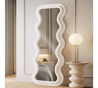 LunaMirror Espejo de cuerpo completo ondulado de 160 x 60 cm, espejo de cuerpo completo para montar en la pared, espejo de suelo con soporte, marco de franela marfil, espejo de pared para entrada de