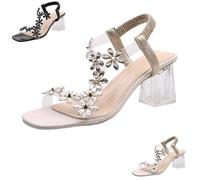 LUNANSM Women's Flower Rhinestone Block Heel Sandals,Elastic Ankle Strap Open Toe Heels Shoes,Party Wedding High Heels