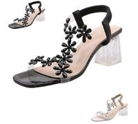 LUNANSM Women's Flower Rhinestone Block Heel Sandals,Elastic Ankle Strap Open Toe Heels Shoes,Party Wedding High Heels