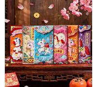 Lunar New Year Horse Zodiac Hongbao Envelopes Set of 6 Embroidered Velvetlike Money Sleeves Chinese Blessing Characters Cash Holders Spring Festival Family Friends Business Colleagues Wedding