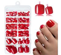 LunarCharm 120 unidades de uñas postizas rojas para los pies, uñas para pegar con pestañas adhesivas, uñas de pies rojas artificiales para presionar y pegar