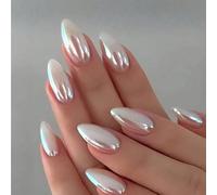 LunarCharm 24 piezas de uñas blancas aurora de tamaño mediano en forma de almendra para presionar, uñas postizas de tamaño mediano, forma de almendra, blanco brillante, cobertura total