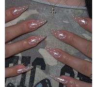 LunarCharm 24 piezas de uñas postizas almendradas con diseño moderno de lunares y cromo - Glaseado rosa nude con brillo iridiscente aurora, brillante y para uso diario