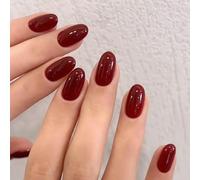 LunarCharm 24 uñas cortas a presión, color burdeos, uñas postizas ovaladas con pestañas adhesivas, lima de uñas, almohadilla de preparación, barras de manicura, rojo cereza