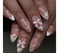 LunarCharm 24 uñas francesas a presión, medianas, diamantes de imitación, rosa, uñas artificiales, almendra, brillante, flor 3D, puntas de uñas artificiales, manicura de dedos para mujer