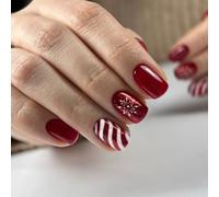 LunarCharm 24 Uñas Postizas Cortas Rojas Con Motivo de Líneas, Presione Sobre Sus Uñas Con Copos de Nieve, Decoración Navideña, Festival, Vacaciones