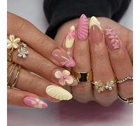 LunarCharm 24 Uñas Postizas French Press, Diseño de Flores 3D, Uñas de Presión en Forma de Almendra, Uñas Almendradas de Presión, Tamaño Mediano, Brillantes, Cobertura Total