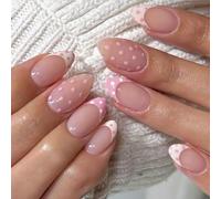 LunarCharm 24 Uñas Postizas Press on Nails Color Rosa Nude con Lunares, Forma Almendra Corta, Acrílico Brillante, Uñas Adhesivas Cobertura Total para Mujeres DIY