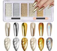 LunarCharm Polvo de uñas de 6 colores dorado plateado cromado con aplicador iridiscente holográfico arco iris para uñas, efecto espejo metálico, paleta de polvo cromado