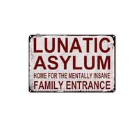 Lunatic Asylum Family Entrance - Cartel retro vintage de estaño, letrero de metal novedoso para puerta, placa de nombre, hogar, patio, jardín, bar, granja, garaje, decoración de pared, letrero de lata