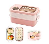 Lunch Box 2 Layers - Fiambrera Umami con tarros de salsa y utensilios - Bento Box calentable apta para microondas - Fiambrera hermética ideal para la oficina, la escuela y de viaje (Rosa)