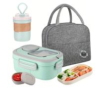 Lunch Box de ensalada, contenedor de ensalada de 1.2L con una taza de 420 ml, vajilla, recipiente de, bolsa térmica para niños, adultos, trabajo escolar verde | loncheras