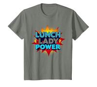 Lunch Lady Power: Arte Pop Retro para héroes del Servicio de Alimentos Camiseta, Niños, Verde Militar Jaspeado, 8 años