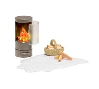 LUNDBY Accesorios para casa de muñecas, chimenea con luz LED | Muebles para casa de muñecas, chimenea con iluminación LED para casa de muñecas, puerta y cajón, cesta de madera con leña