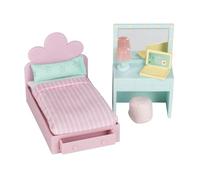 LUNDBY Casa de muñecas muebles dormitorio juvenil, cama, tocador con espejo | Accesorios para casa de muñecas, con lámpara LED, muebles en miniatura, cama con cajón, ropa de cama, espejo, puf
